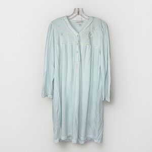 Miss Elaine Nightgown Womens Large Mint Green Cozy Knit Embroidered Sleepwear L
